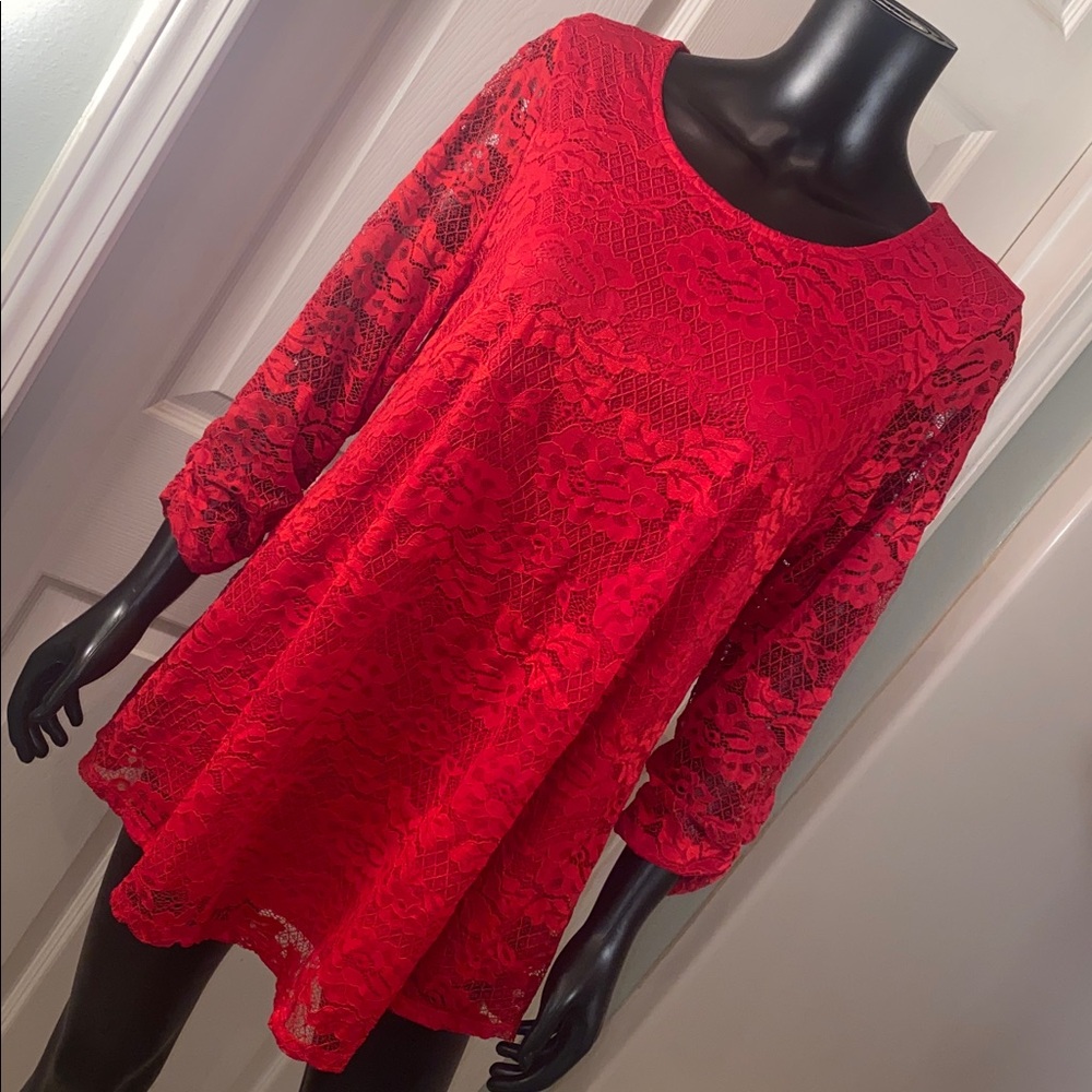 New Directions Vibrant Red Lace Blouse
